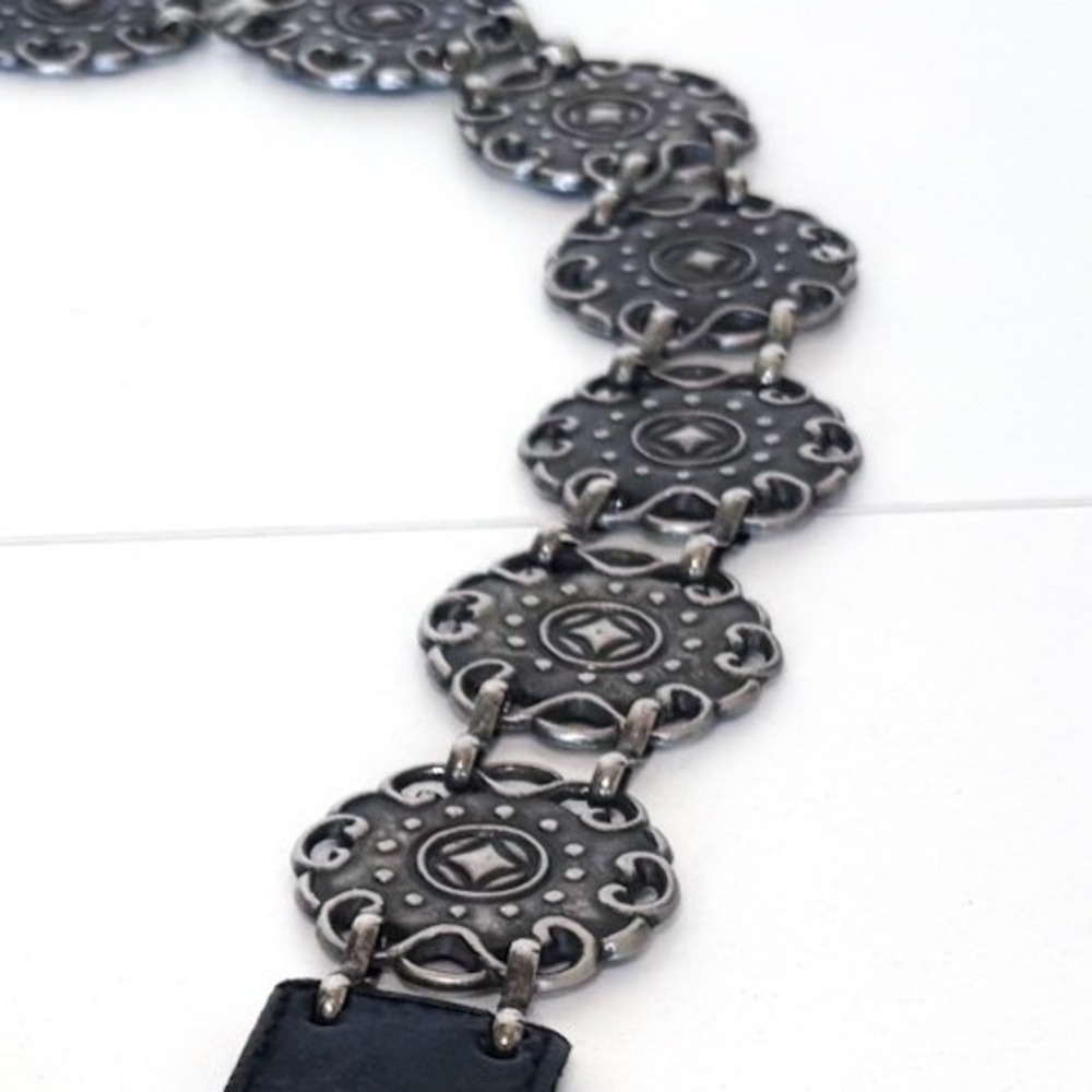 Western Concho Womens Vintage Boho Chain Belt M/L Black Silver Floral Festival - Picture 5 of 9